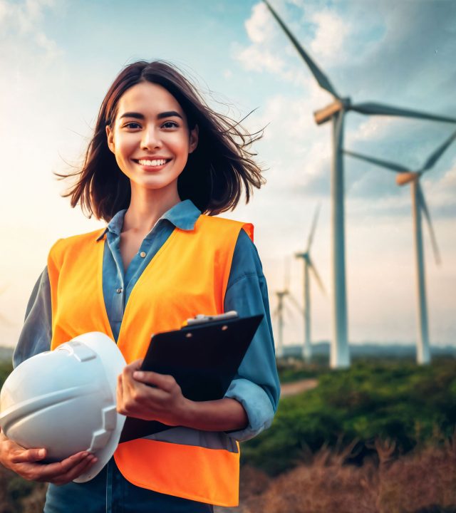 photo of engineer worker working at wind turbine site, generative AI